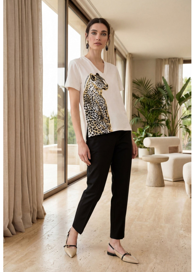 V-Ausschnitt T-Shirt mit Tierprint und Perlen