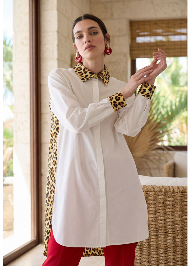 Poplin Tunic with Animal Print Contrast