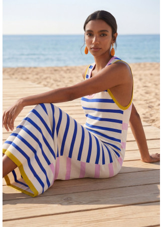 Robe Tricot Rayée Tricolore avec Rib Contrasté