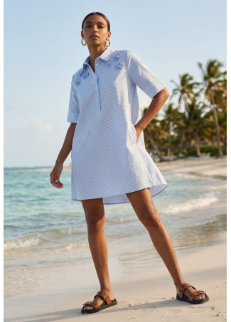 Robe courte en popeline rayée à fleurs brodées