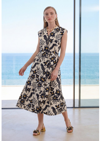 Parrot Leaf Print Poplin Dress