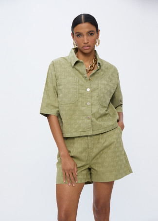 Camicia Oversize Manica Corta Tessuto Jacquard con Logo