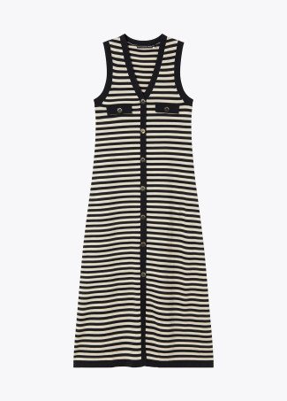 Long Sleeveless Knitted Stripe Dress with Front Slit