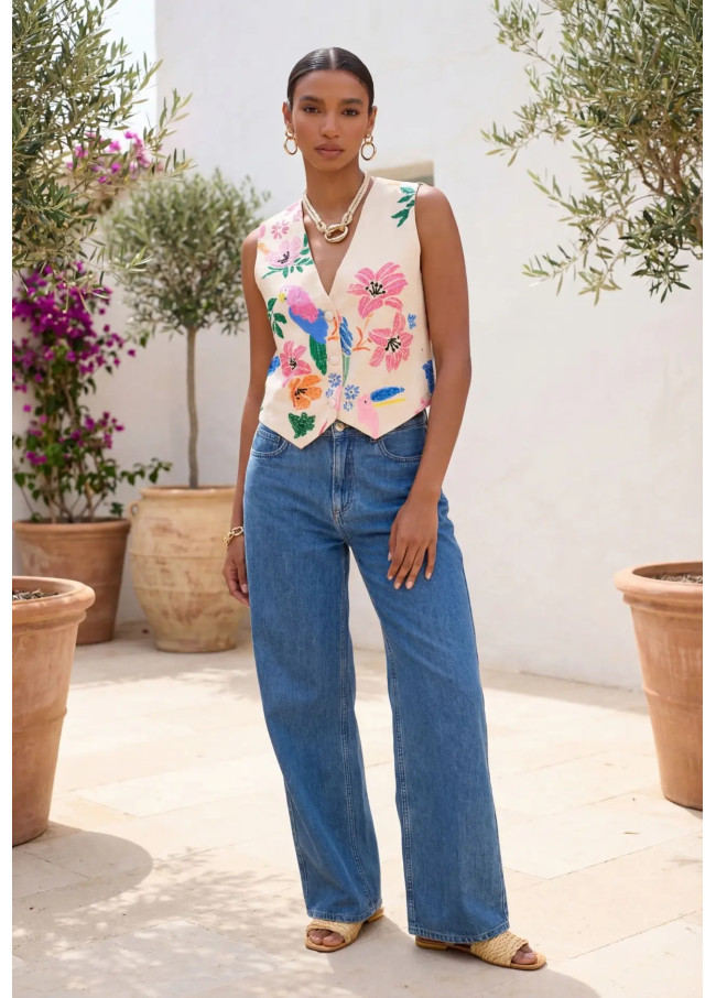 Calça Wideleg M bordada bolso