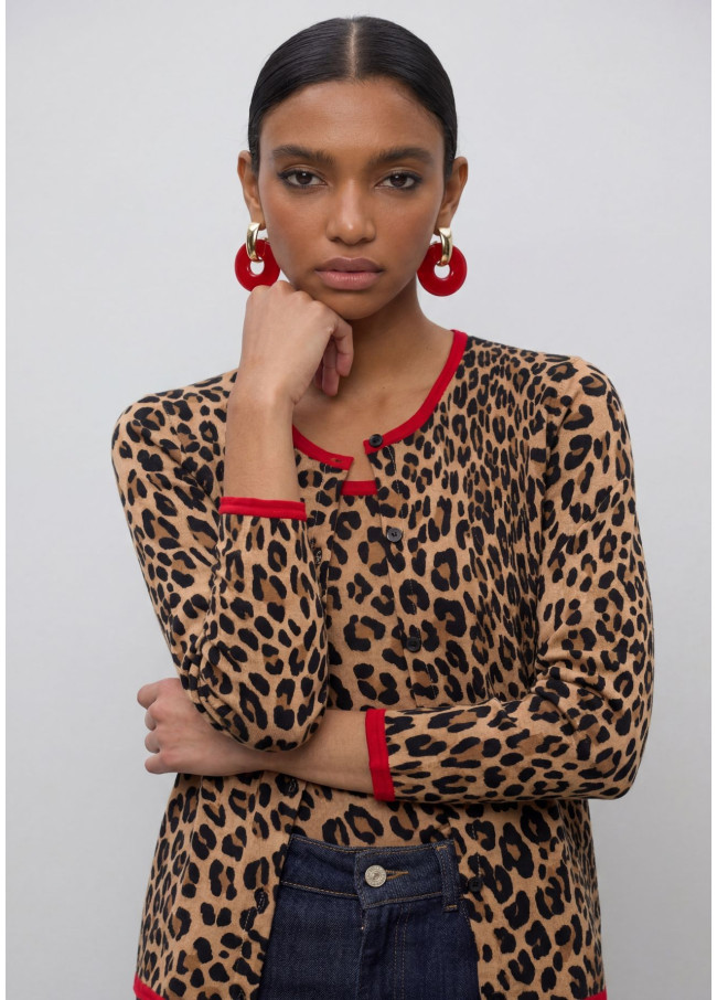 Cardigan with Red Contrast Rib