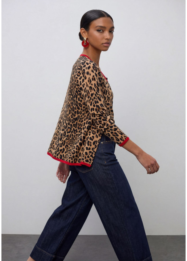 Cardigan with Red Contrast Rib