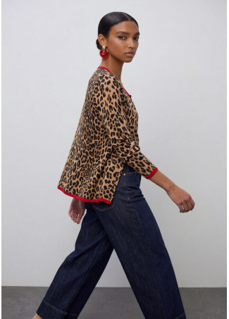 Cardigan avec Bordure Rouge Contrastée