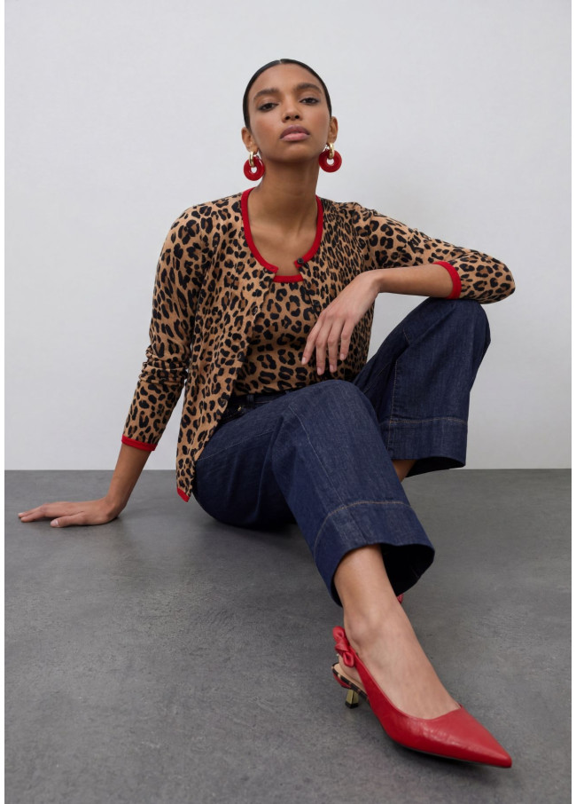 Cardigan con rib a contraste rojo