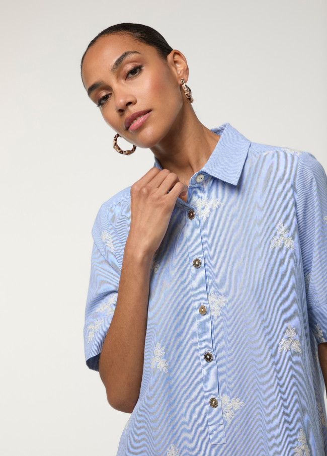 Light Blue Striped Dress with Embroidered Flowers