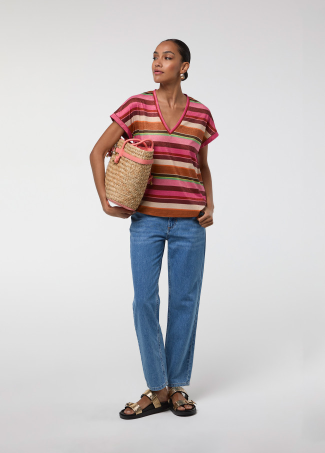 Camiseta de Lurex com Riscas Horizontais