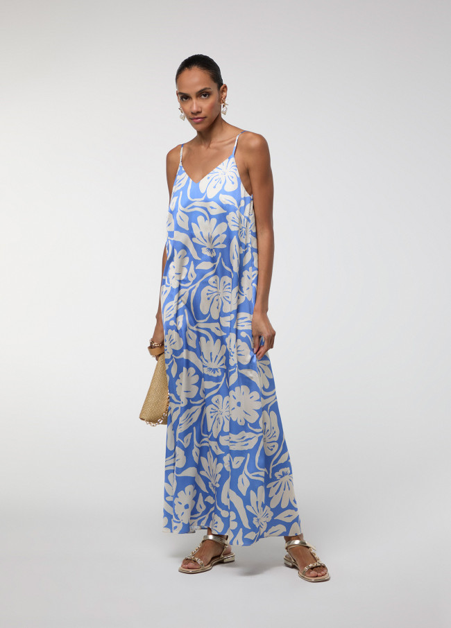 Satinträgersommerkleid Blau Gemustert