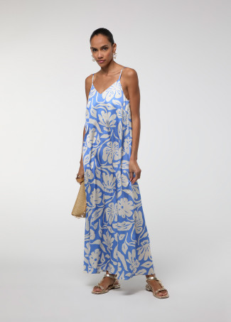 Vestito in Raso a Bretelle Stampa Blu