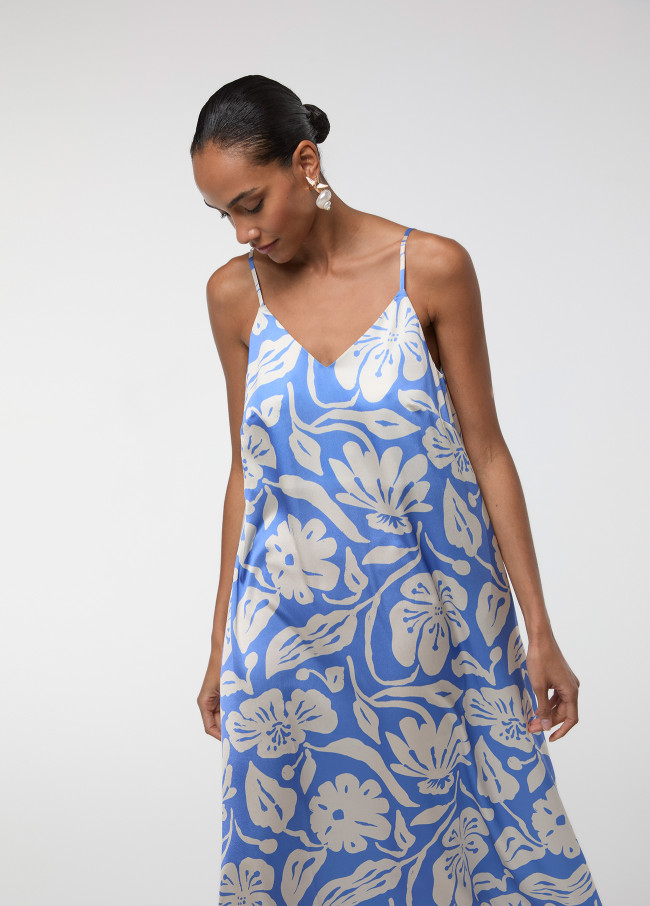 Vestido de Alças de Cetim Estampado Azul