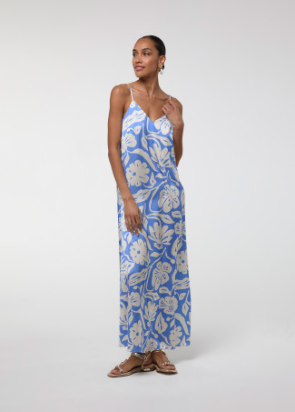 Vestito in Raso a Bretelle Stampa Blu