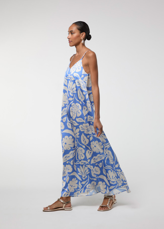 Robe Satin Bretelles Imprimé Bleu