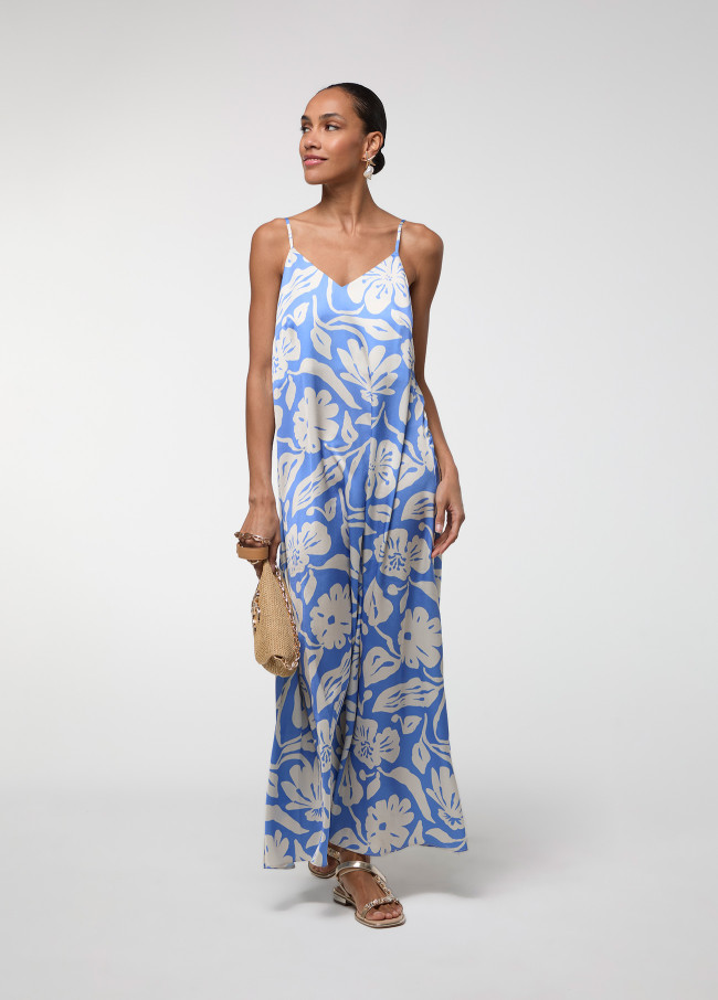 Robe Satin Bretelles Imprimé Bleu