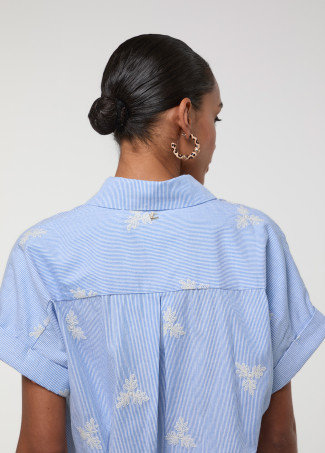 Short Sleeve Striped Sky Blue Shirt with Embroidered Flowers