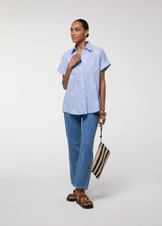 Short Sleeve Striped Sky Blue Shirt with Embroidered Flowers