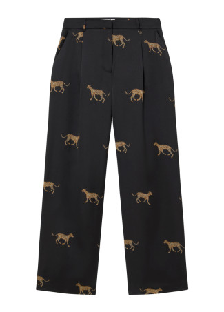 Calça plissada de cetim com estampa de leopardo