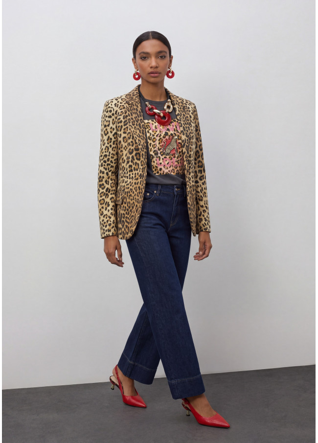 Fitted Blazer with Lapel Pockets Animal Print