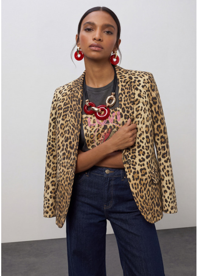 Fitted Blazer with Lapel Pockets Animal Print