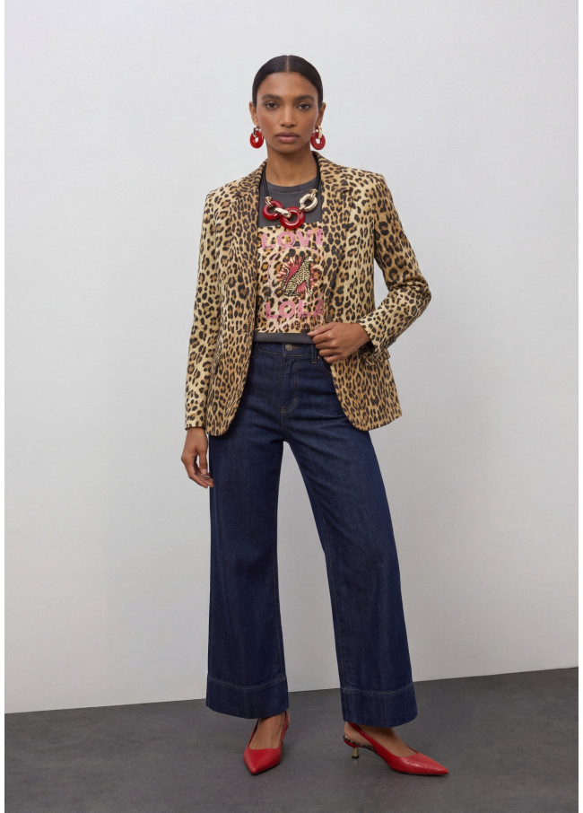 Blazer ajustado com bolsos de aba estampa animal