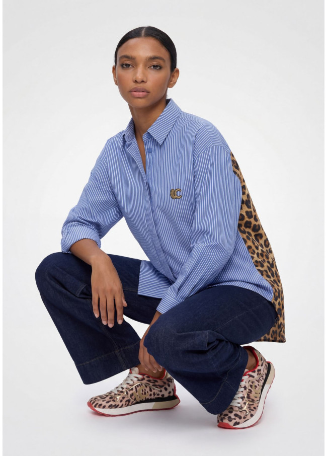 Camicia a Righe e Stampa Animalier in Popeline