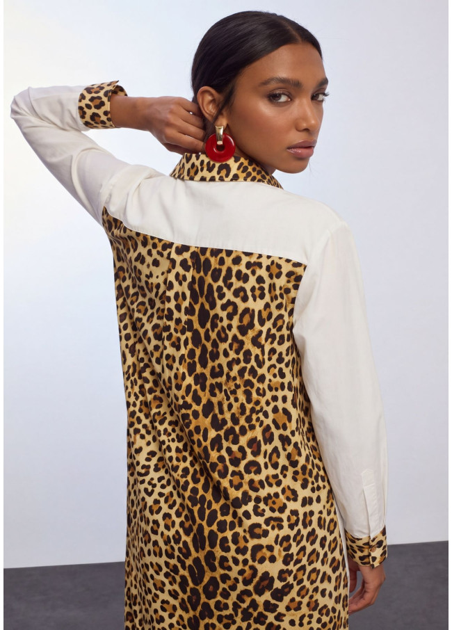 Poplin Tunic with Animal Print Contrast