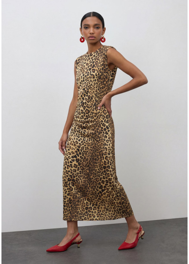 Robe Midi Ajustée avec Drapé Imprimé Animal