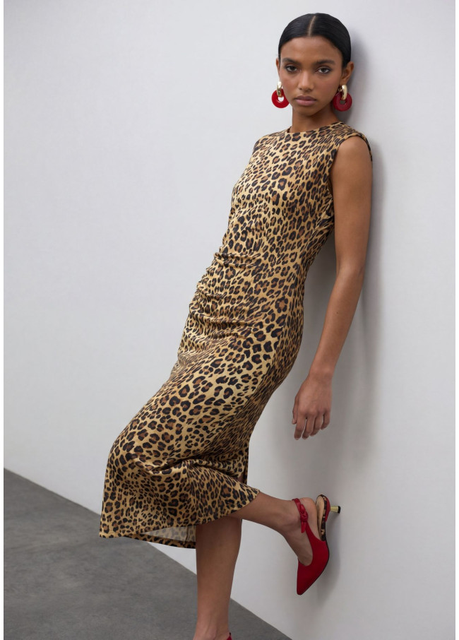 Vestido Midi Ajustado com Drapeado Estampa Animal