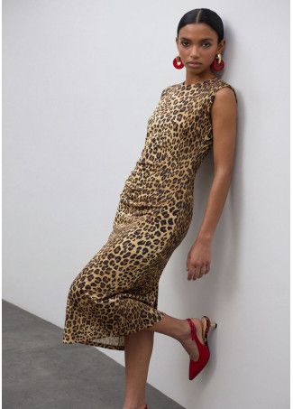 Vestido Midi Ajustado com Drapeado Estampa Animal