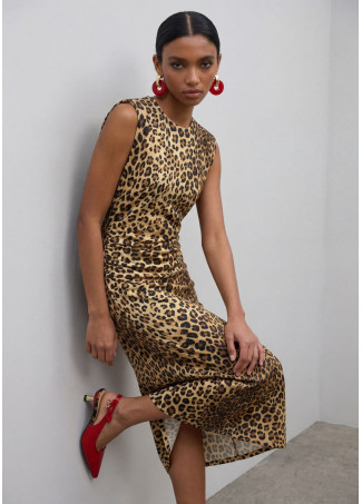 Vestido Midi Ajustado com Drapeado Estampa Animal