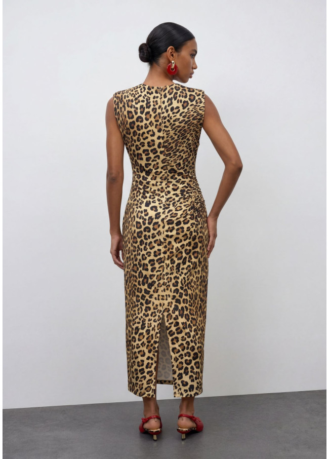 Vestido Midi Ajustado com Drapeado Estampa Animal