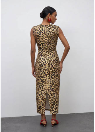 Vestido Midi Ajustado com Drapeado Estampa Animal