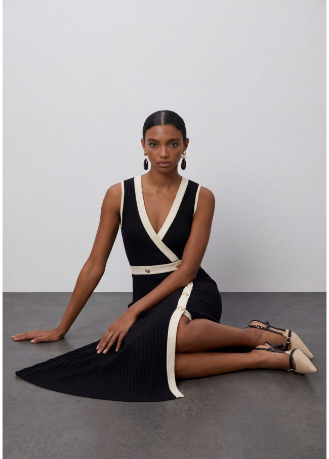Robe Midi Col V Contrasté