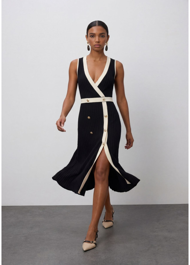 Vestido Midi Decote V Contraste
