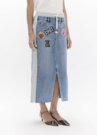 Saia Combo Jeans e Jersey com Patches