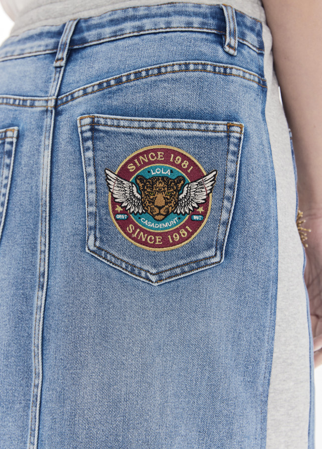 Saia Combo Jeans e Jersey com Patches