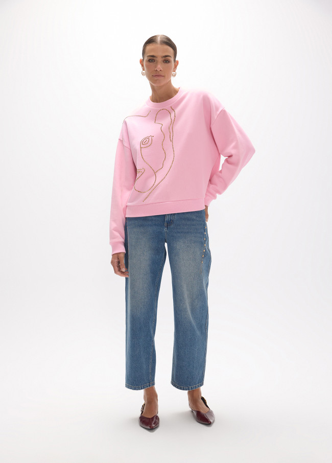 Sweatshirt with Animal Face and Golden Crystals