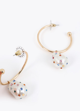 Pearl Drop Hoop Earrings with Embedded Crystals