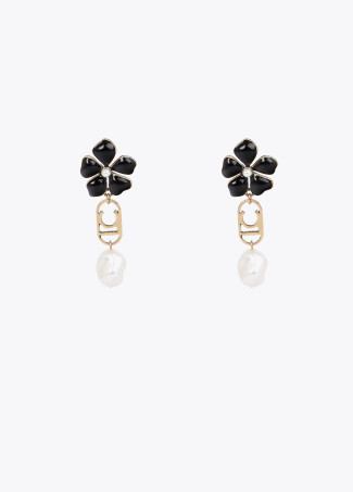 Boucles d'oreilles longues fleur, logo ovale et perle