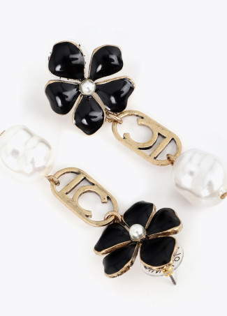 Long Earrings with Flower, Oval Logo, and Pearl