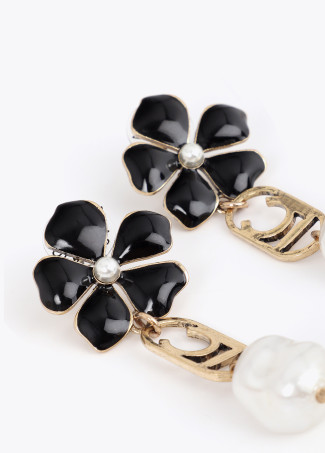 Boucles d'oreilles longues fleur, logo ovale et perle