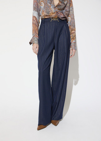 Navy Blue Pinstripe Trousers with Gold Stripe and Personalized Buckle