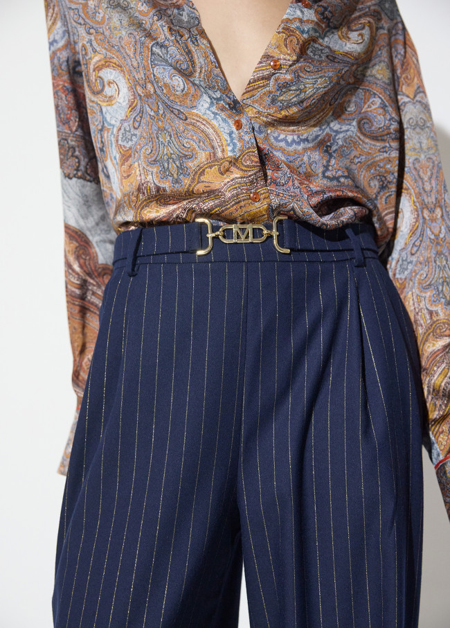 Navy Blue Pinstripe Trousers with Gold Stripe...
