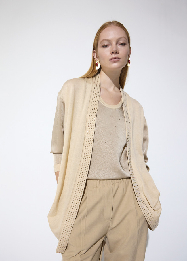 Bimaterial Cardigan with Crystals