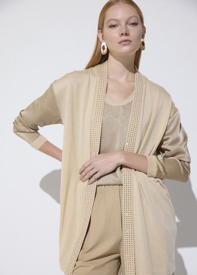Bimaterial Cardigan with Crystals