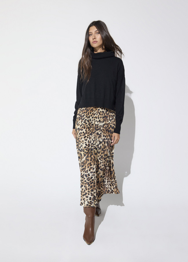 Robe Combo avec Jupe Plissée Imprimé Animal
