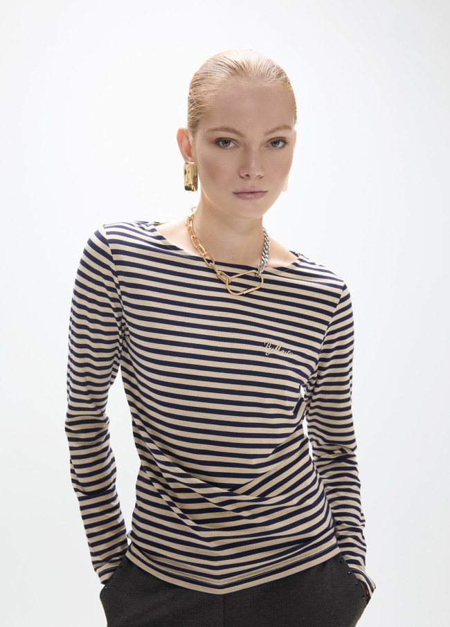 Langarmshirt mit U-Boot-Ausschnitt, gestreiftes...