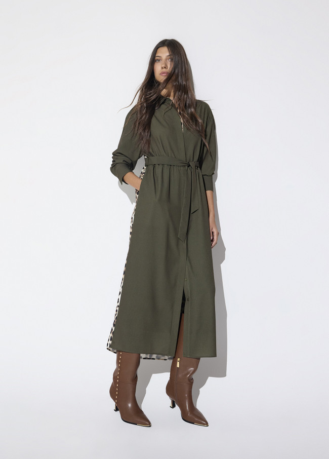 Vestito Camicia Kaki con Contrasto Stampa Animale